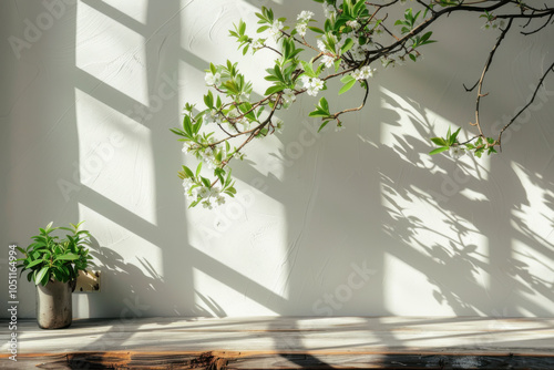 Wooden table background with empty space and ficus leaves shadows