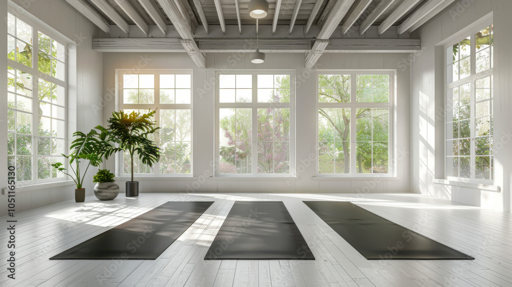 Fototapeta premium Gym white interior with black yoga mat
