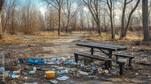 Park bench is covered in trash and debris photo