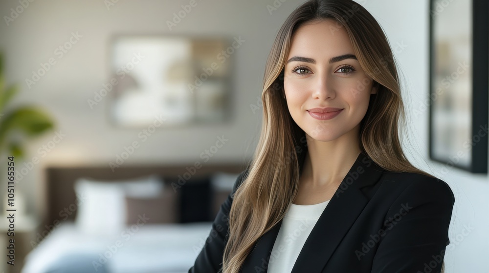 Fototapeta premium Confident Businesswoman Smiling in Modern Office Setting