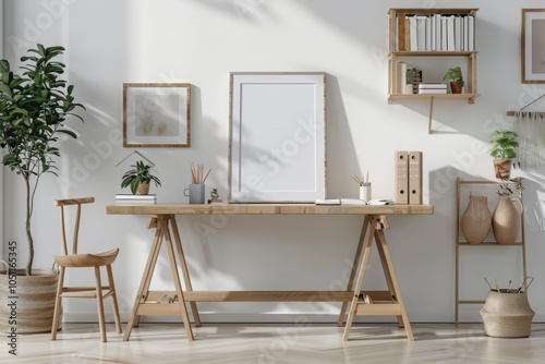 Workplace with lamp, houseplant and laptop in light office
