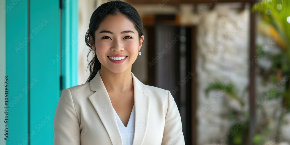 Fototapeta premium Confident Young Businesswoman Smiling in Modern Office Environment
