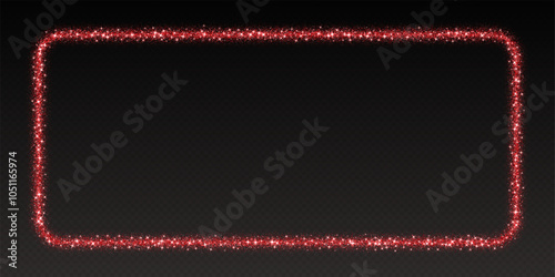 Red glitter frame, shimmering border in rectangular shape, festive holiday sparkles. Christmas decoration. Vector illustration.
