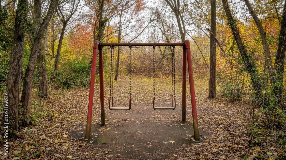 Fototapeta premium Swing set is in a park with trees and leaves on the ground