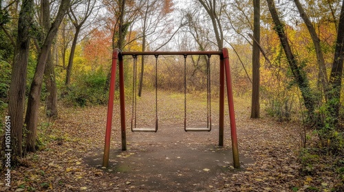 Swing set is in a park with trees and leaves on the ground