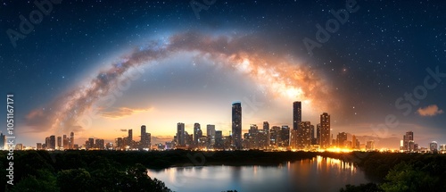 Panoramic shot of the Milky Way galaxy arching over a glowing city skyline with the lights of the urban landscape shimmering below in a breathtaking display of cosmic beauty