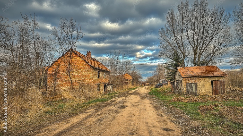 Fototapeta premium Road with a few houses on it and a cloudy sky