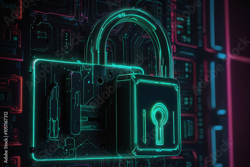 Futuristic Cybersecurity Concept Glowing Padlock and Digital Data Protection