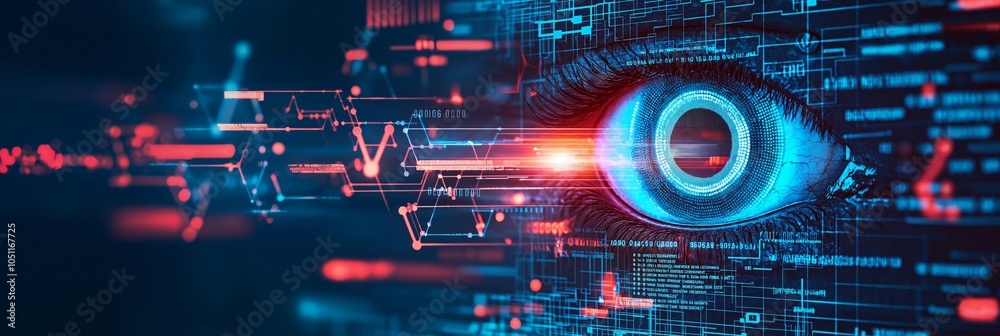Obraz premium Futuristic eye analyzing digital data, vibrant blue and red glow, abstract background.