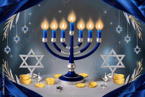 Image of Jewish holiday Hanukkah with menorah for banner and template. photo