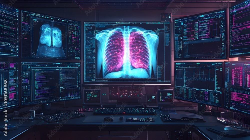 Obraz premium of a healthcare or medical setting where multiple digital screens are displaying x ray results or diagnostic imaging data for monitoring and analysis purposes in a flat design style
