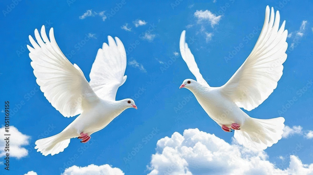 Two white doves flying gracefully against a clear blue sky. Two white doves flying gracefully against a clear blue sky.
