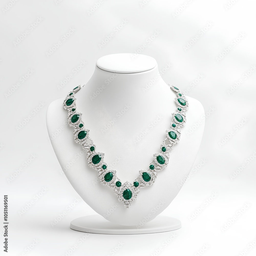 Elegant Emerald and Diamond Necklace in White Gold Setting Elegant Emerald and Diamond Necklace in White Gold Setting