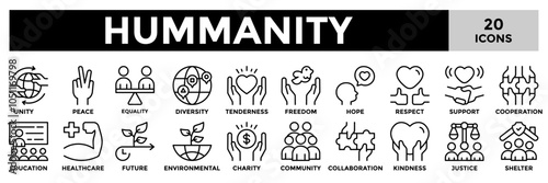 Humanity icon collection set.Containing community,justice,freedom,equality,unity,support,collaboration icon.Simple line vector illustration.