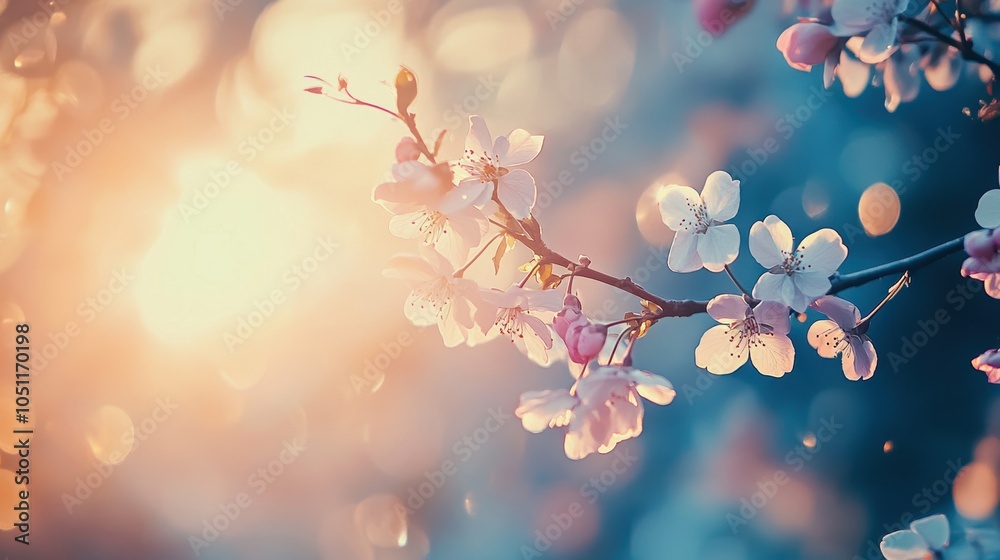 Fototapeta premium Delicate cherry blossom branch illuminated by soft sunlight, creating a serene and peaceful atmosphere.