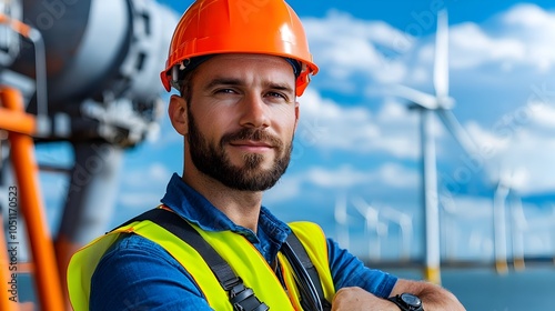 Offshore technician in high visibility safety gear inspecting wind turbine control systems from secured platform with wind turbines visible across the water