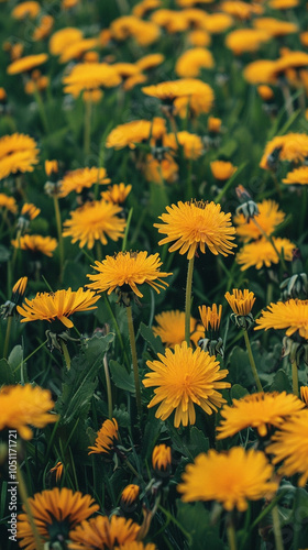 a large number of yellow dandelions are arranged in a dense pattern against a large field