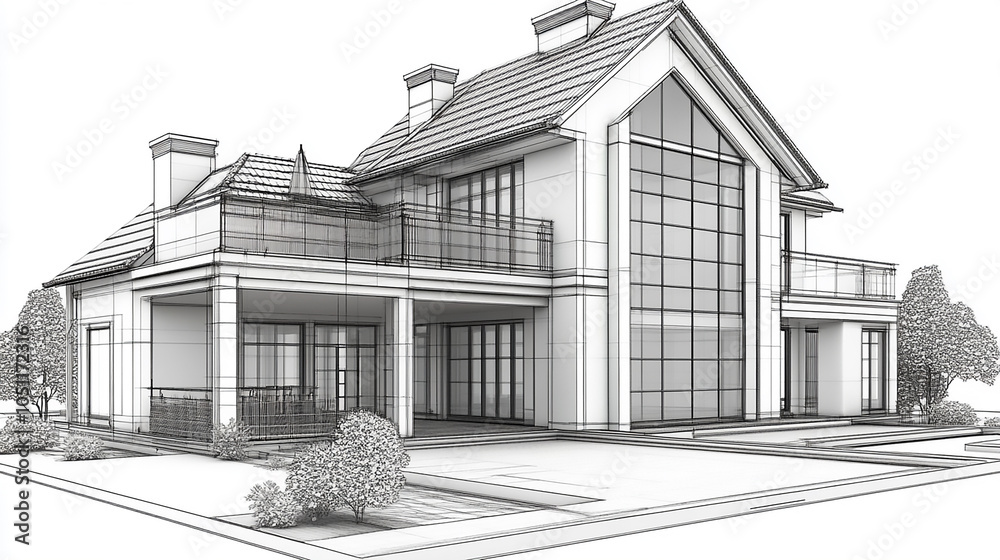 Fototapeta premium A detailed architectural rendering showcasing a modern house design with precise lines, highlighting planning and A single-story home with numerous windows and a simple design 