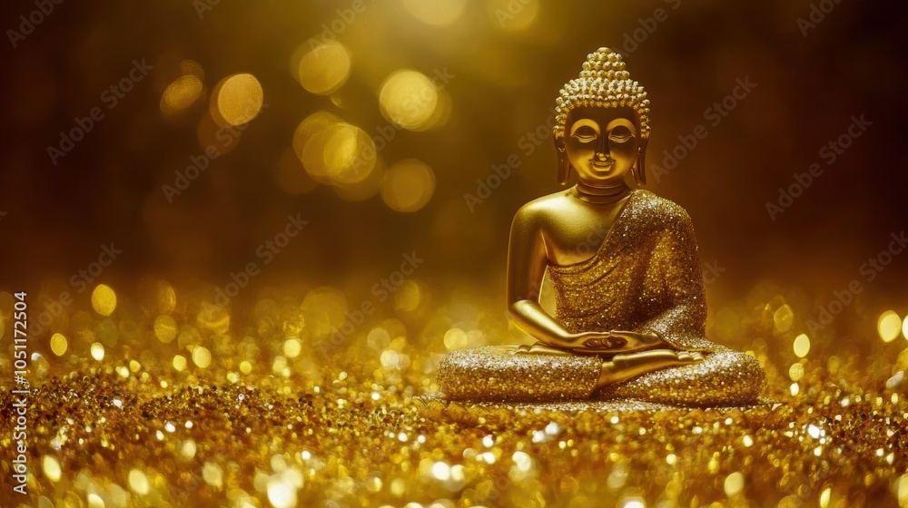 Golden Buddha statue surrounded by shimmering gold, symbolizing peace and enlightenment. Golden Buddha statue surrounded by shimmering gold, symbolizing peace and enlightenment.