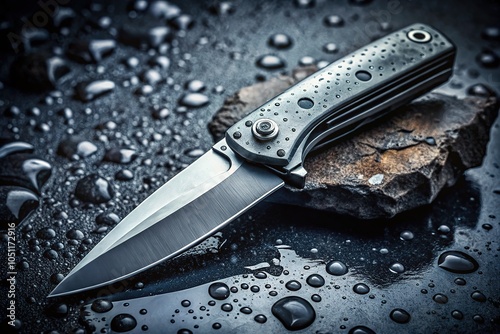 Tactical Folding Knife Water Drops Survival Stone Background photo