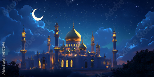 A golden mosque illuminated by the crescent moon in front of it, against a night sky with clouds photo