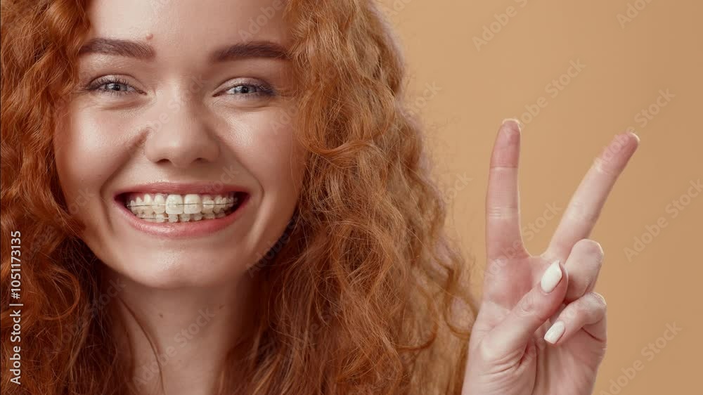 A cheerful young woman with curly red hair flashes a bright smile and ...