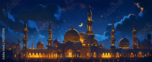 A golden mosque illuminated by the crescent moon in front of it, against a night sky with clouds