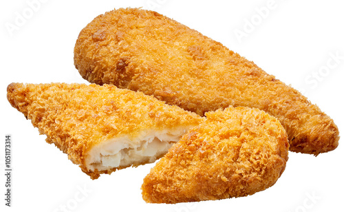 Deep fried crispy fish steak isolated on white, Deep fried Breaded fish isolated on white background PNG File.