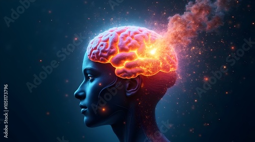 Concept art of a human brain exploding with knowledge, Concept Art of a Human Brain Exploding with Ideas, Digital Code, and Scientific Formulas, Representing Innovation