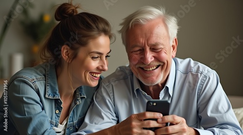 Um idoso ao lado de uma mulher mais jovem, olham a tela de um celular photo