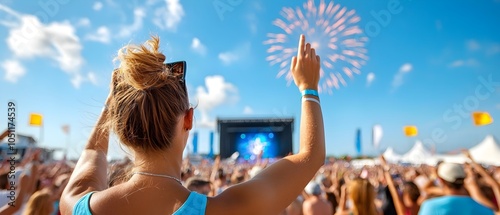 Captivating fireworks synchronized with energetic music create a dazzling spectacle at an outdoor music festival as the enthusiastic crowd cheers below in photo