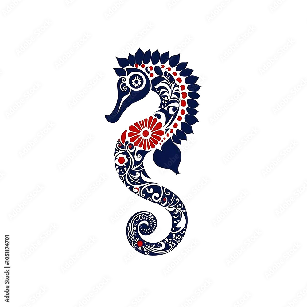 Fototapeta premium Ornate Blue Seahorse with Red Flowers