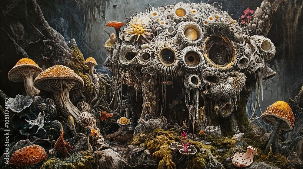 Fototapeta premium Surreal Mushroom Forest Landscape: Whimsical and Dreamlike Painting