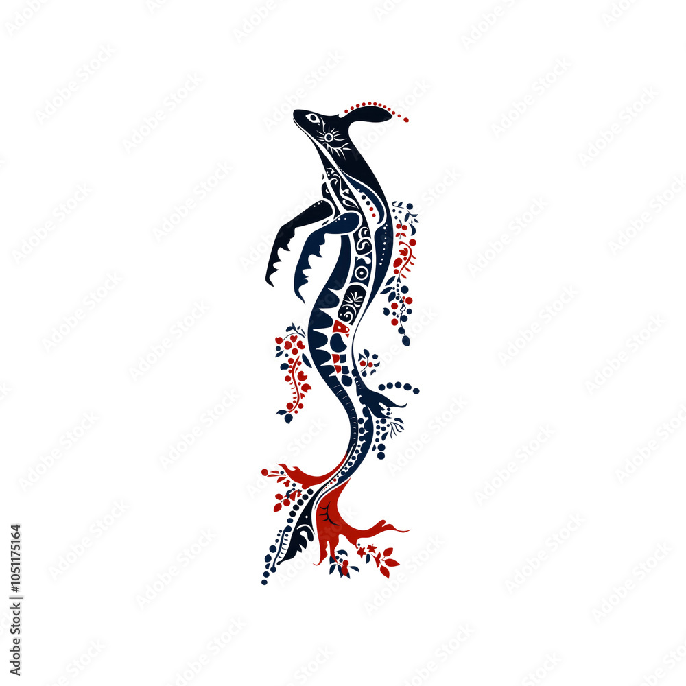 Obraz premium Abstract Blue and Red Dragon with Floral Elements on Black Background