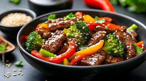 Mouthwatering Organic Beef Stir Fry with Vibrant Bell Peppers Broccoli and Sesame Seeds in a Delectable Savory Sauce a Delicious Asian American Fusion Dish