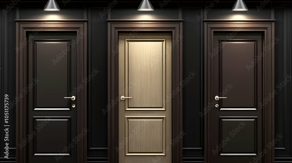 Fototapeta premium Three Doors with Spotlights, doorway, entryway, entrance, open door, closed door