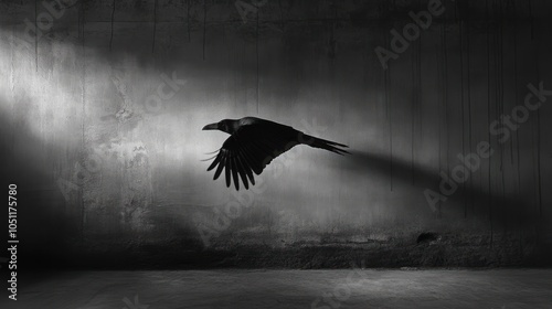 A black crow flies through a beam of light in a dark, industrial setting.