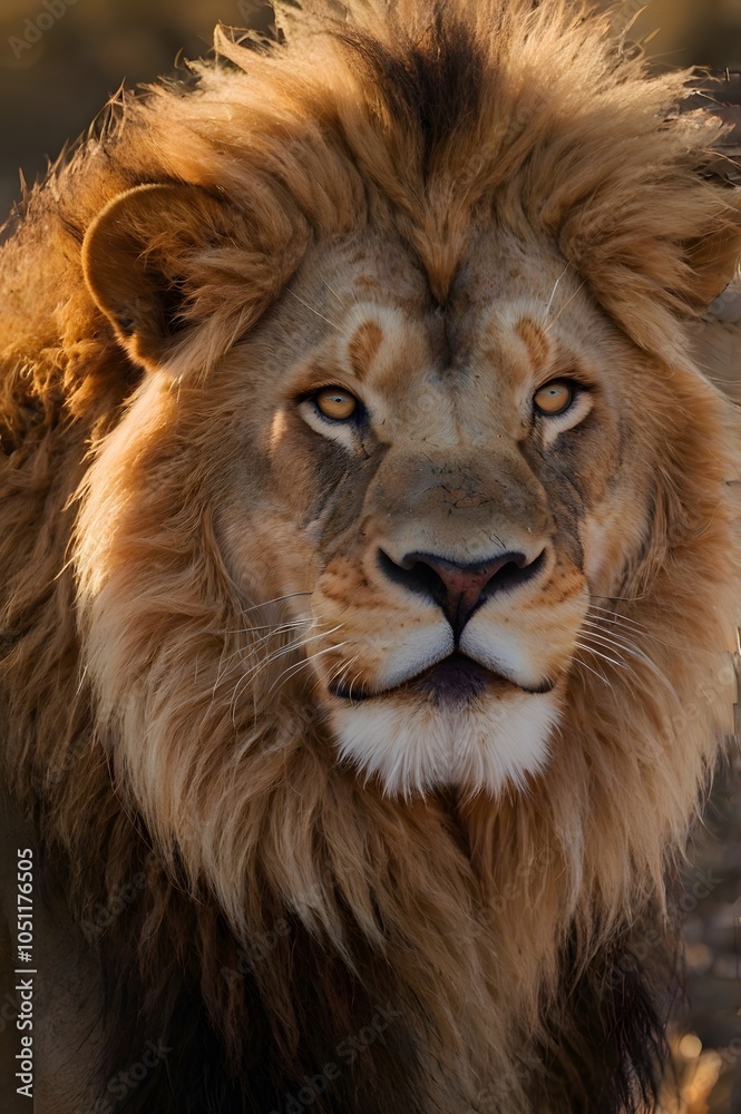 Obraz premium The lion’s fierce gaze locks onto its prey, a chilling look of pure predatory intent.