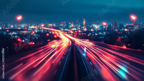 A vibrant city skyline at night with light trails from moving vehicles on a highway. photo