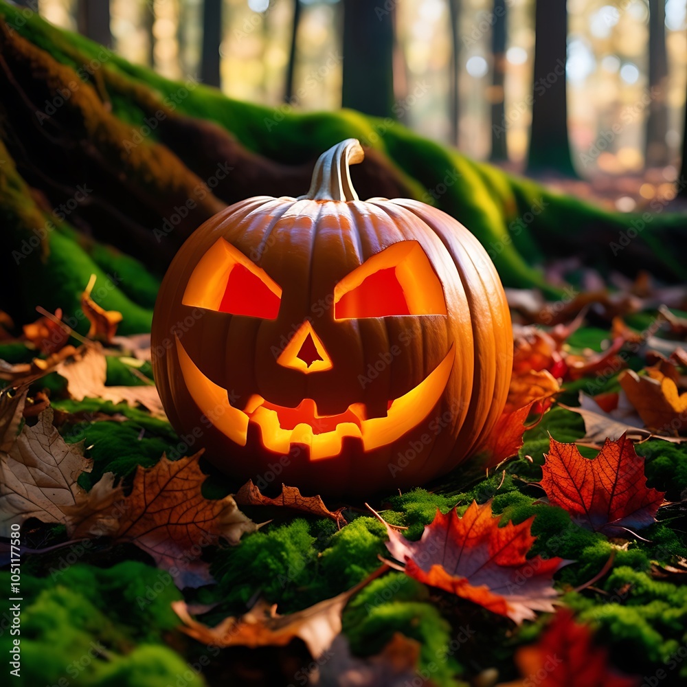 This captivating image presents a close-up view of a vibrantly carved jack-o'-lantern resting on a mossy forest floor, creating a stunning Halloween scene that combines natural beauty.