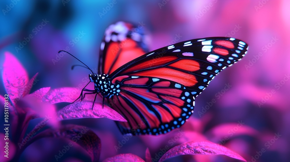 Fototapeta premium Explore the mesmerizing digital holographic butterfly garden in a cyber fantasy zoo where glowing wings and neon purple and blue accents create a soft ethereal atmosphere
