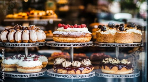 Delicious Pastries in a Bakery Window Display