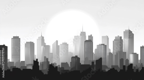 Monochromatic illustration of a serene city skyline with reflections Corporate symbols intertwined with city buildings in a stylish double exposure 