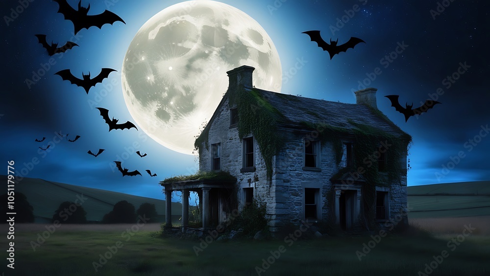 Fototapeta premium This hauntingly beautiful Halloween image features a full moon casting an eerie glow over a solitary, abandoned stone house nestled in the dark countryside. The moonlight illuminates the stone walls.