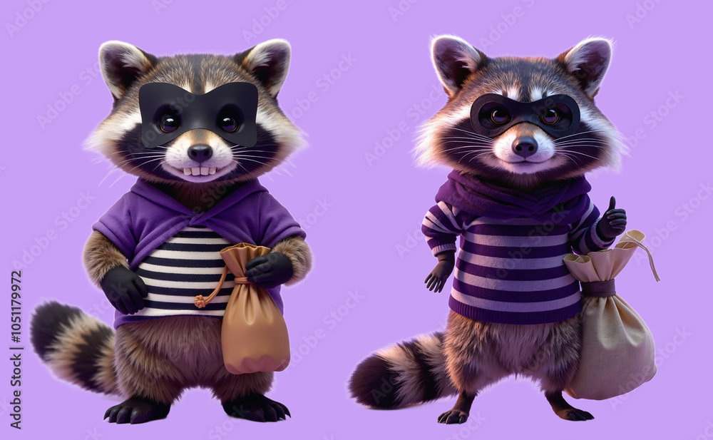 Fototapeta premium Cute Cartoon Raccoon Thieves Holding Money Bags on Purple Background