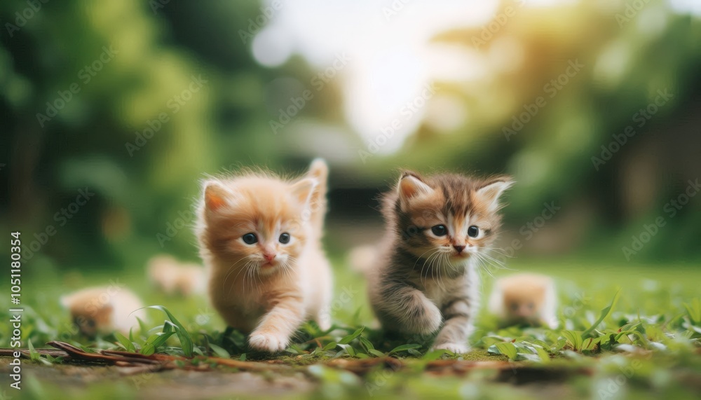 Fototapeta premium Playful Kittens Exploring a Lush Green Field