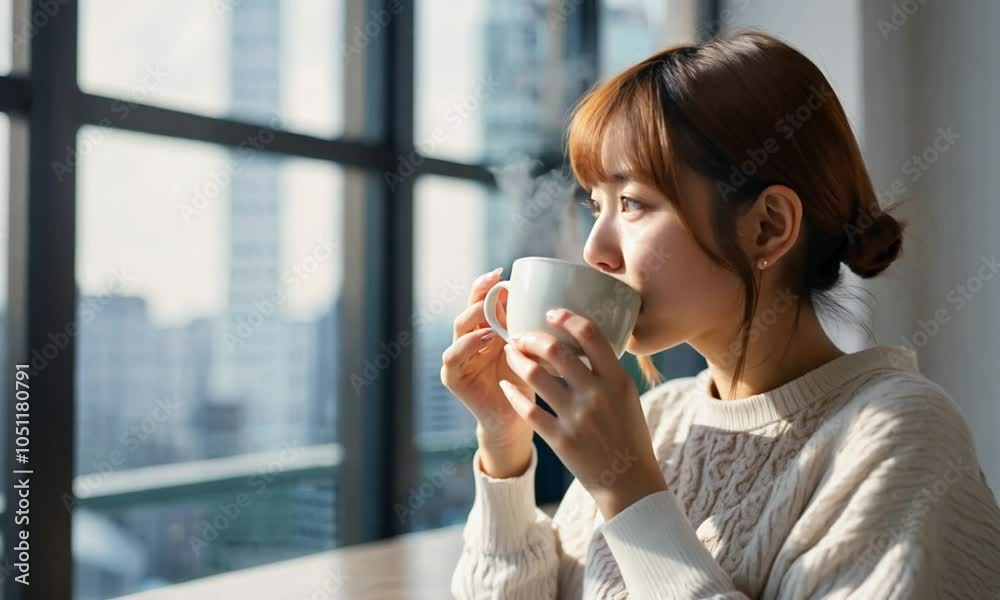 Japanese Woman Enjoying Morning Coffee by the Window in a Cozy Urban Apartment Japanese Woman Enjoying Morning Coffee by the Window in a Cozy Urban Apartment