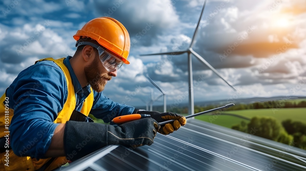 Obraz premium Wind Turbine Technician Adjusting Tools on Elevated Turbine Platform While Wearing Full Protective Safety Gear and Equipment for Maintenance and Repair Work