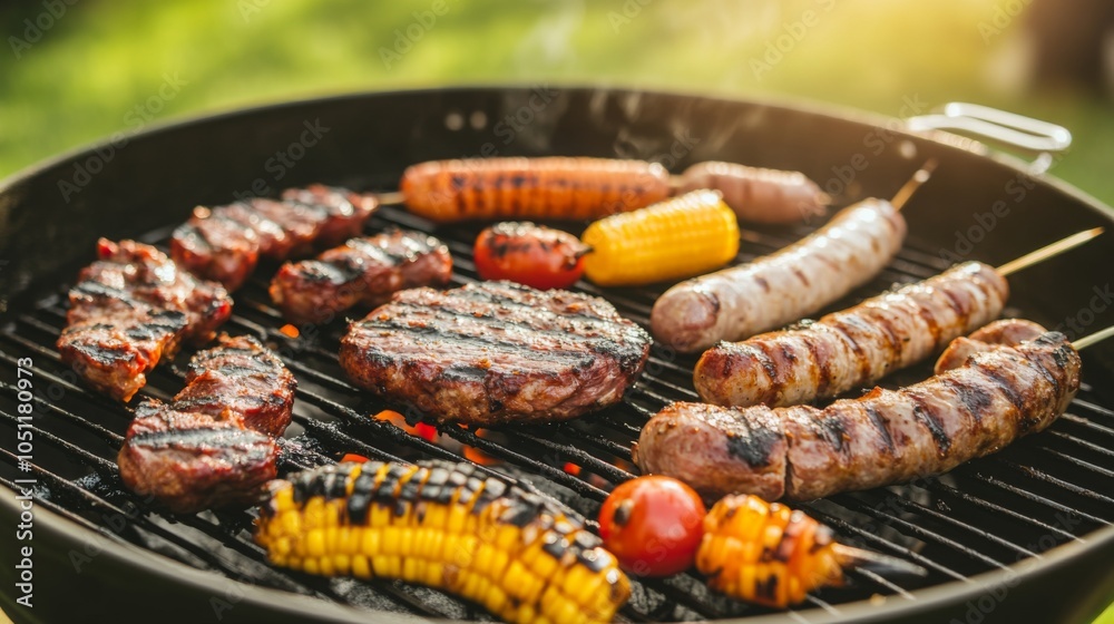 Sizzling Barbecue on the Grill with Rustic Background Sizzling Barbecue on the Grill with Rustic Background