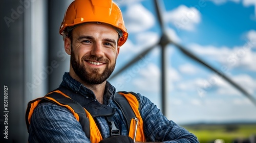 Wind Turbine Technician Adjusting Tools and Equipment While Securely Positioned on Elevated Platform Wearing Full Safety Gear and Harness